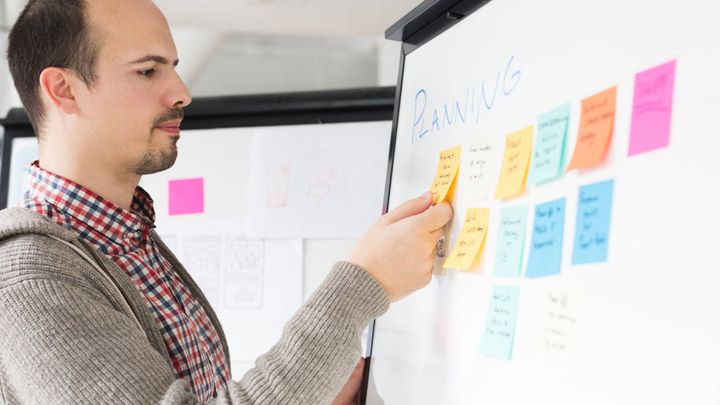 A planning session with sticky notes grouped on a whiteboard